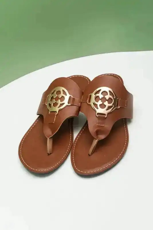 Chestnut Leather Thong Sandals – Metal Chain Detail-2