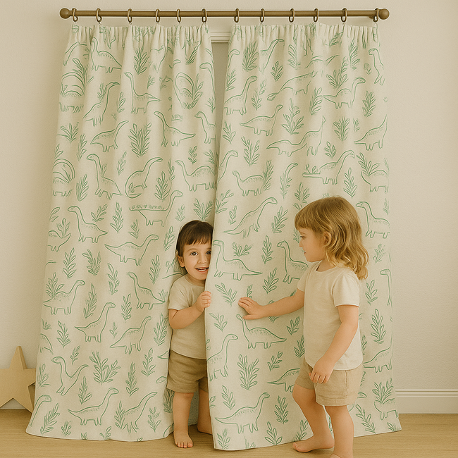 Dinosaur Print Linen Curtains for Kids Room – Custom Sizes – Light Filtering or 100% Blackout Lining Options