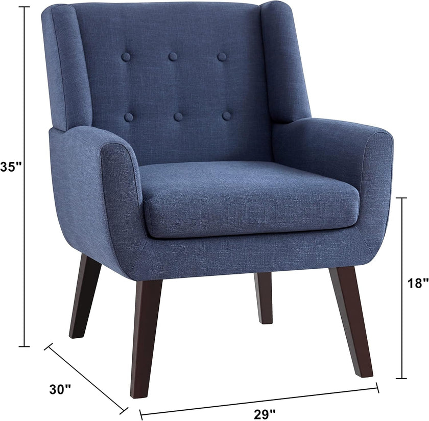 Dark Blue Upholstered Tufted Midcentury Linen Armchair-1