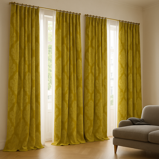 Luxury Linen Jacquard Curtains with Raised Damask Pattern – Custom Sizes, Blackout & Light-Filtering Liners