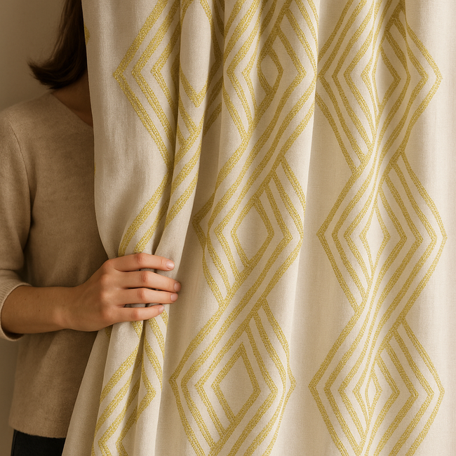 Luxury Linen Jacquard Geometric Curtains – 7 Colours, Made-to-Measure Blackout or Cotton Lined