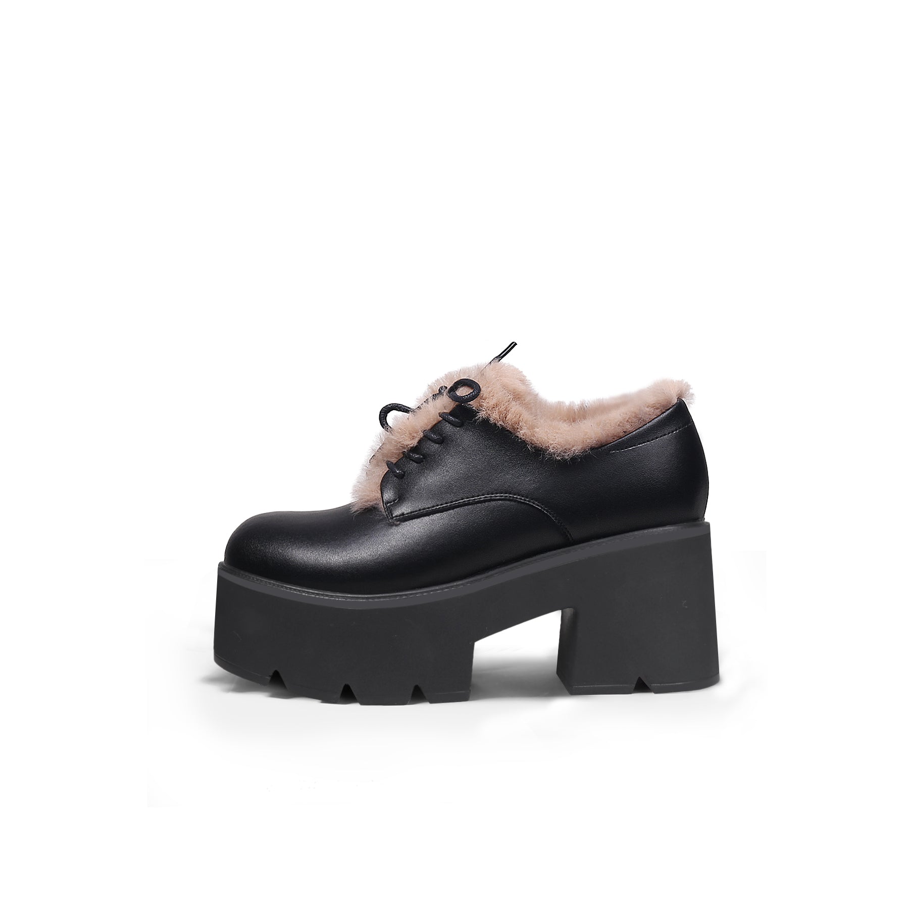 Fur Lined Black Platform Leather Shoes-0