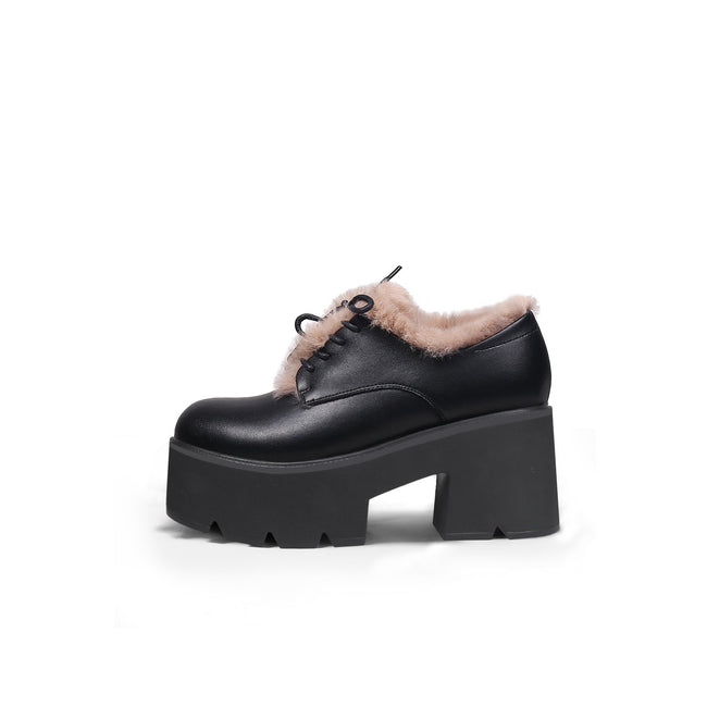 Fur Lined Black Platform Leather Shoes-0