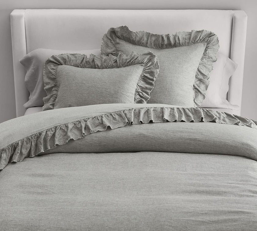 Light Grey - 100% Pure Linen | Linen Cotton Mix | 3 Piece Ruffle Duvet Cover Set | Handmade | Pre-washed | Soft-0