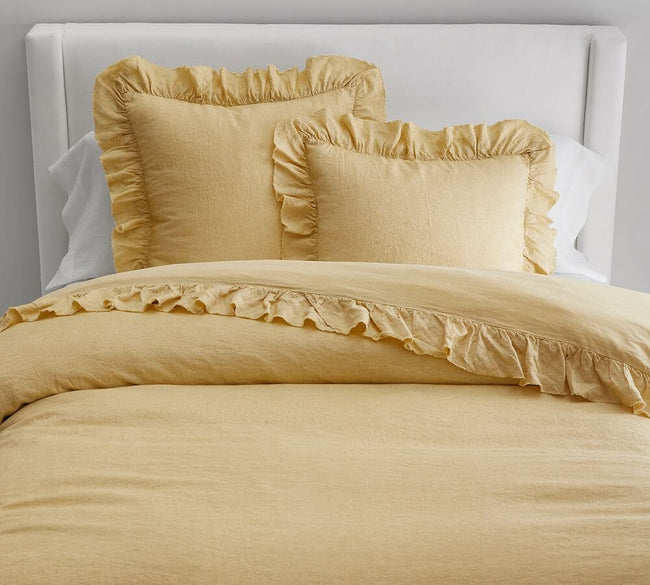 Yellow - 100% Pure Linen | Linen Cotton Mix | 3 Piece Ruffle Duvet Cover Set | Handmade | Pre-washed | Soft-0