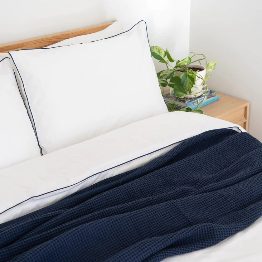 White with Navy Blue Piping  - Pure Cotton, Pure Linen or Linen Cotton Mix | 3 Piece Piped Duvet Cover Set | Handmade | Pre-washed-0