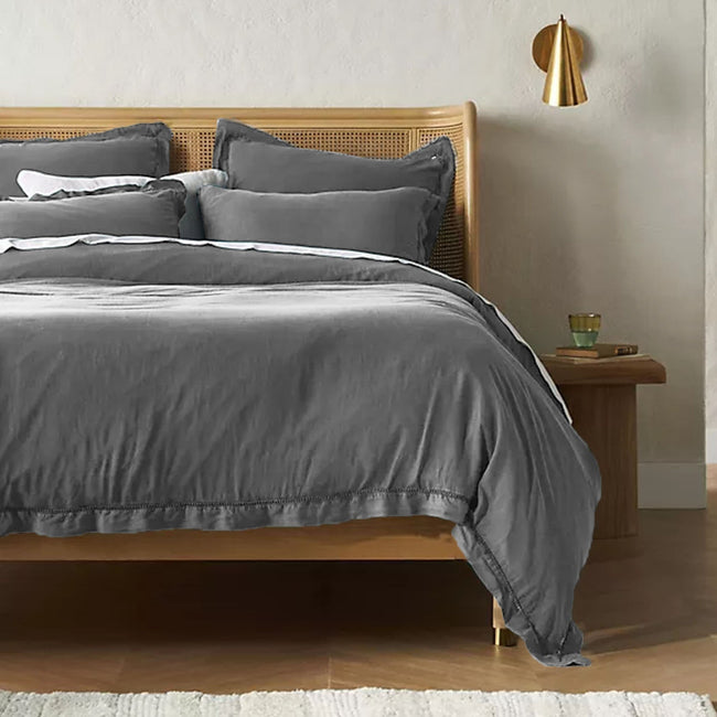 Embroidered Edge Light Grey 100% Pure Linen | Linen Cotton Mix | 3 Piece Duvet Cover Set | 4 Piece Sheet Set | Handmade | Pre-washed | Soft-0