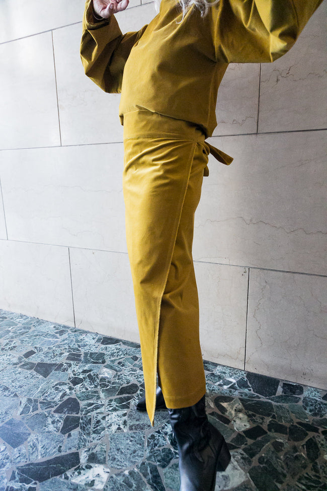 Extra-long denim wrap skirt