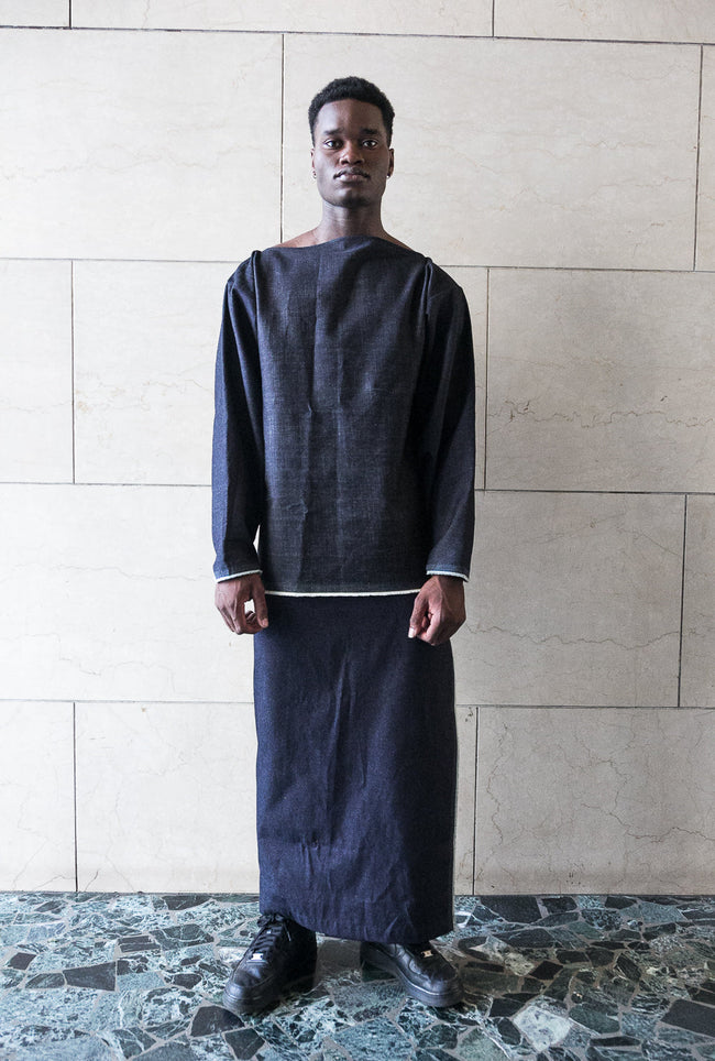 Extra-long denim wrap skirt