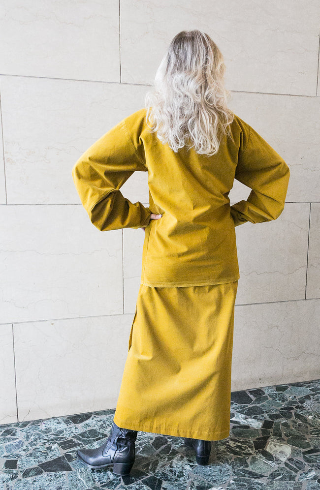 Extra-long denim wrap skirt