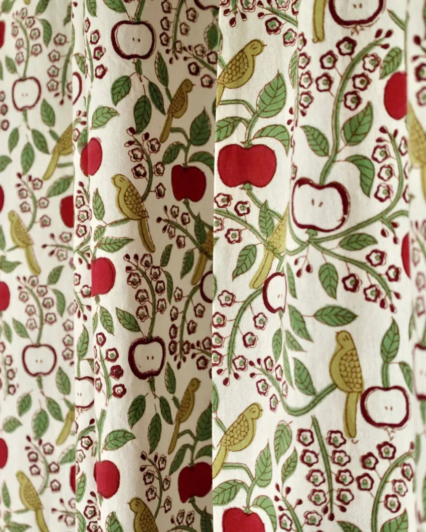White & Red Hand Block Printed Linen Curtains | Apple & Bird Design