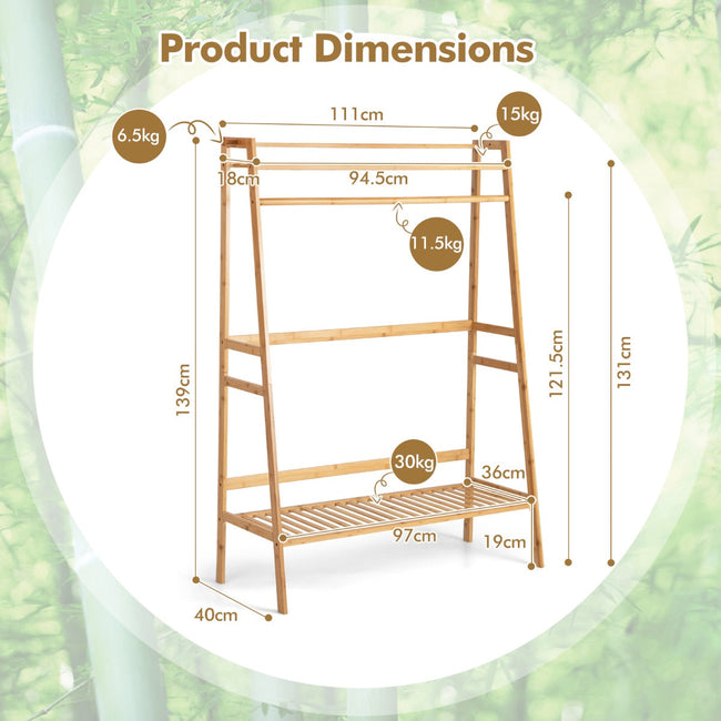 NNECW Freestanding Bamboo Clothing Rack with Top Shelf & Shoe Rack