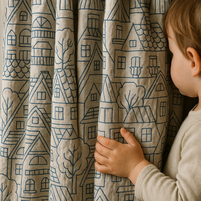 Embroidered Linen Curtains with Village House Pattern – 5 Colours – Blackout or Light Filtering Lined – Custom Sizes – Rod or Track Compatible