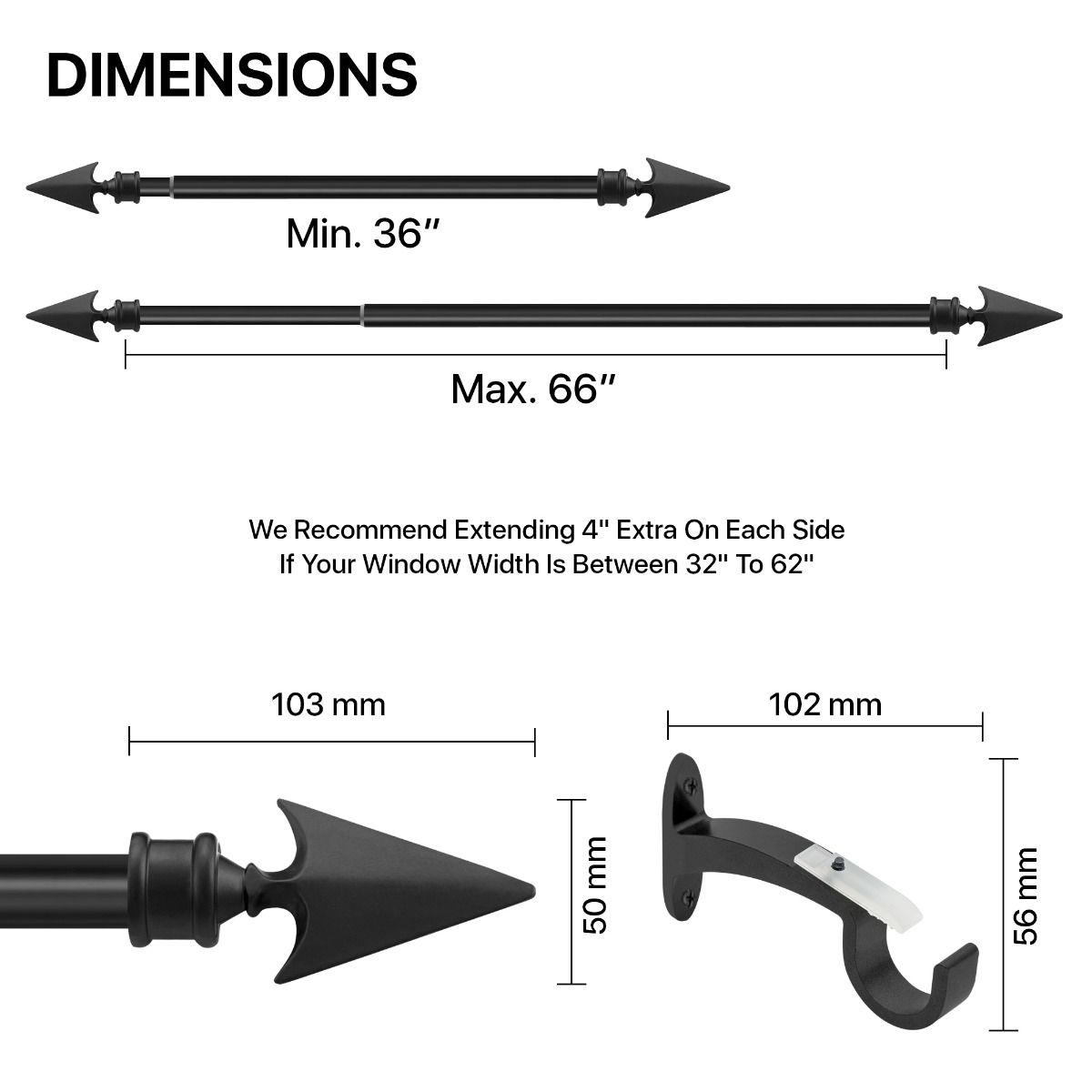 Extendable Black Metal Curtain Pole with Arrow Finial - 36-66