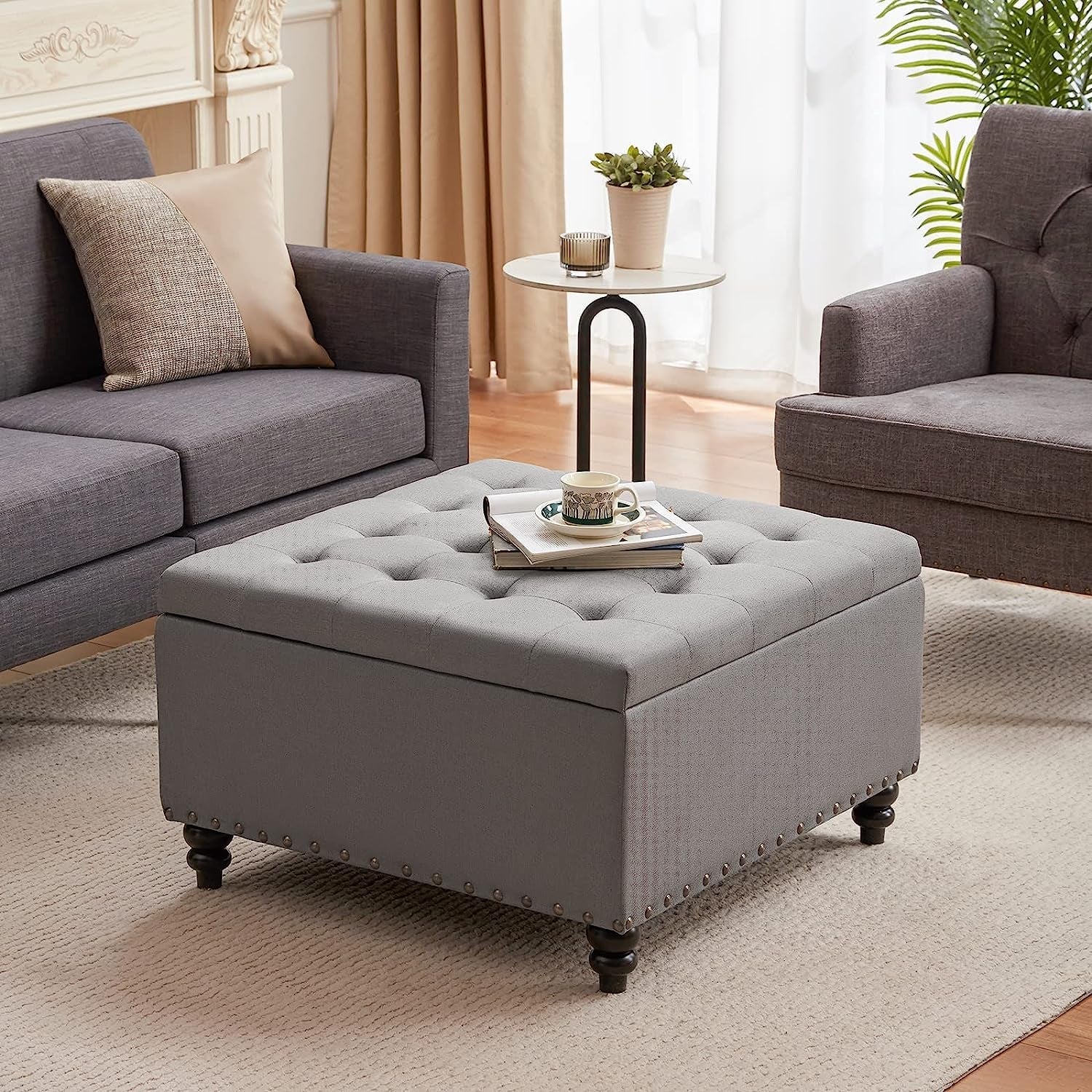 Grey Tufted Ottoman with Storage for Living Room-1