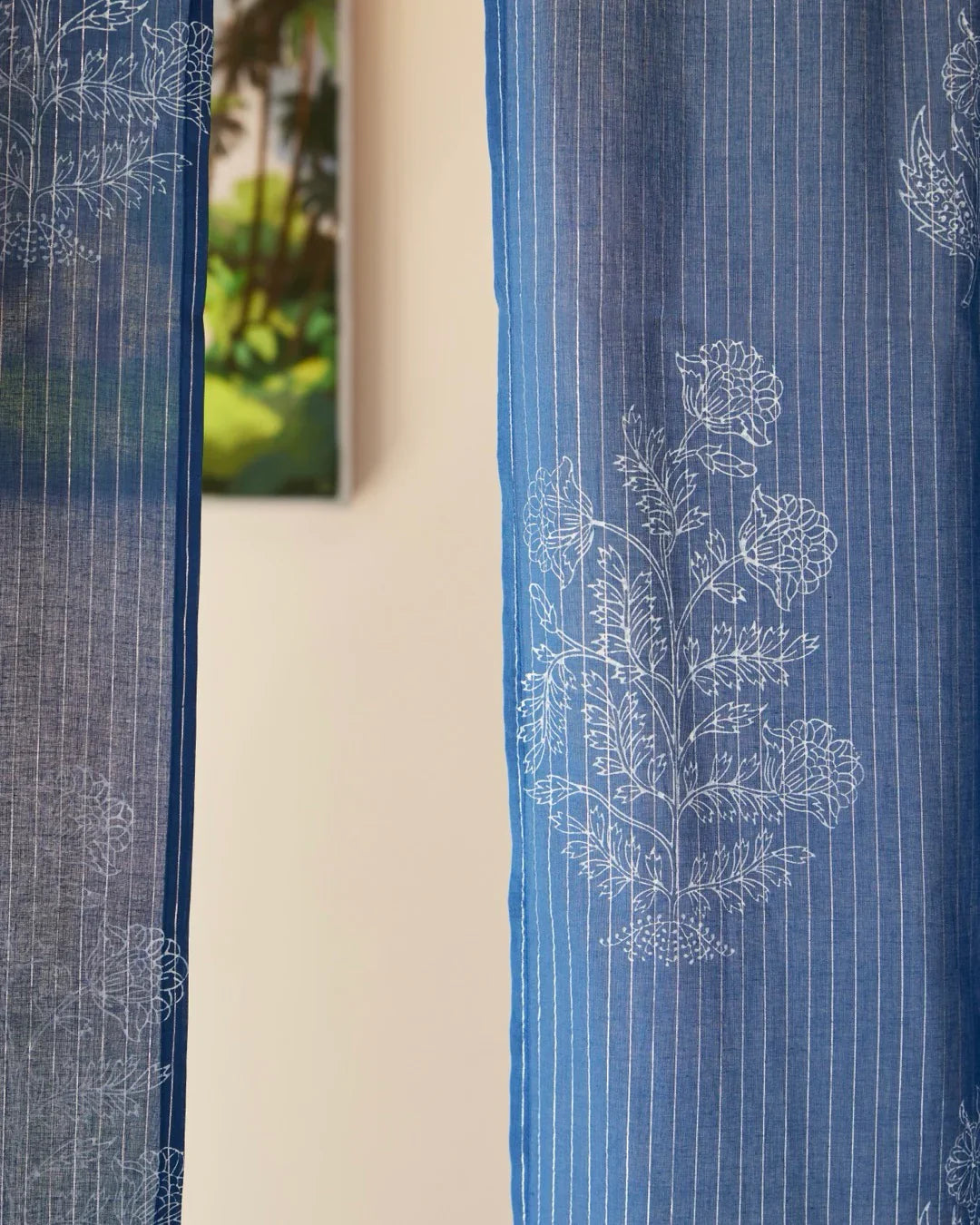 Indigo Hand Block Printed Linen Curtains | Floral & Stripe Design