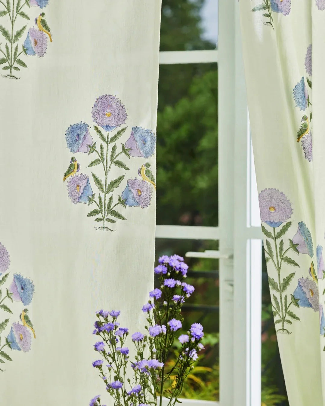 White & Purple Hand Block Printed Linen Curtains | Floral & Bird Design