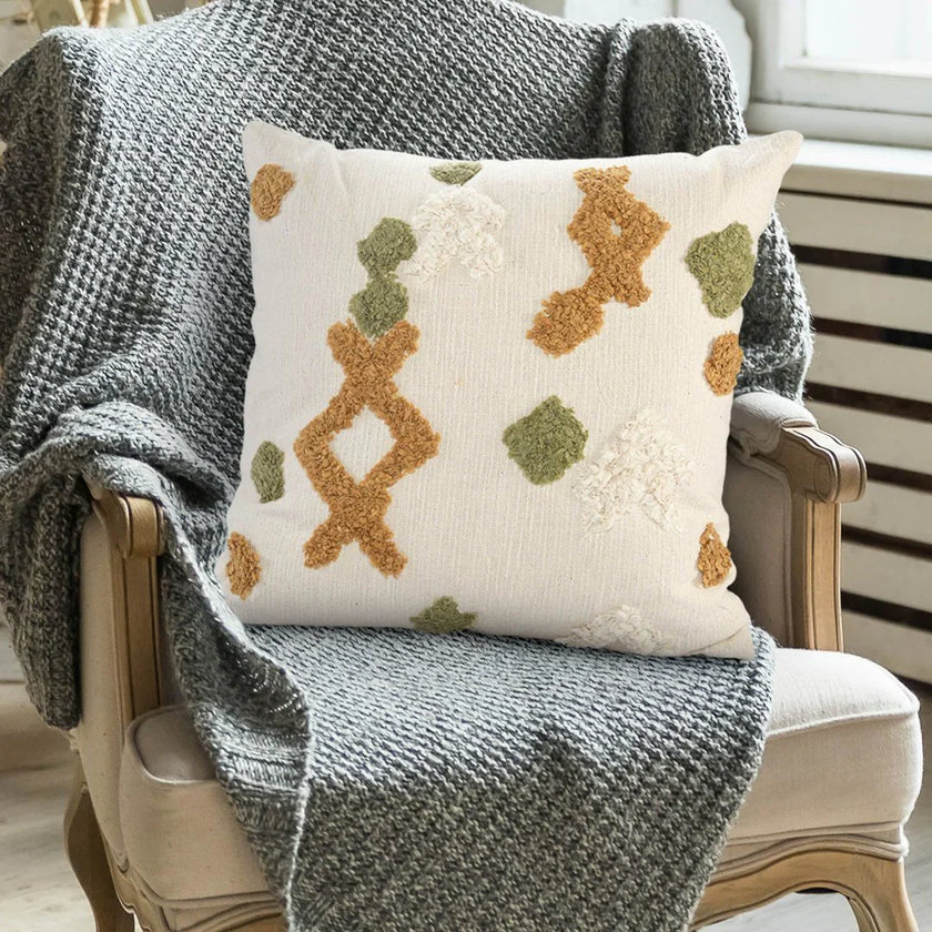 Boho Cushion Cover | 45x45cm | Tufted Organic Cotton | Mustard, Green & Cream