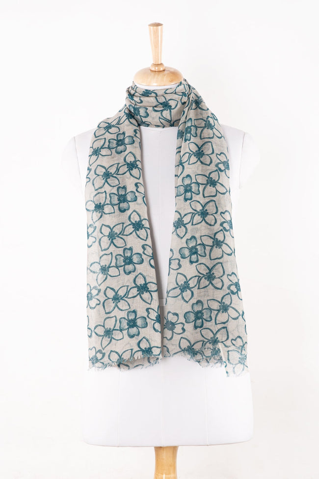 Flower Print Linen Cotton Scarf - Blue-1
