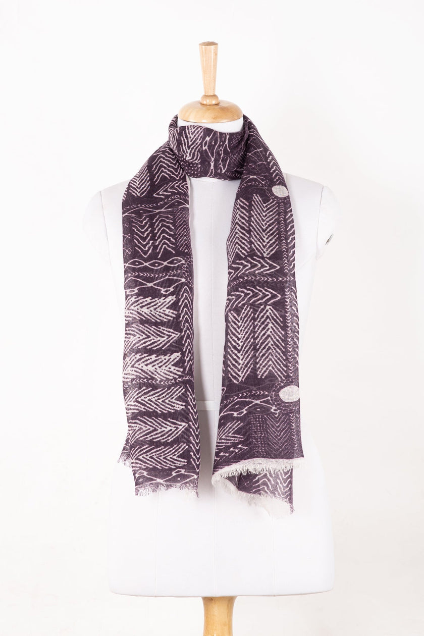 Tribal Print Linen Cotton Scarf - Plum-1