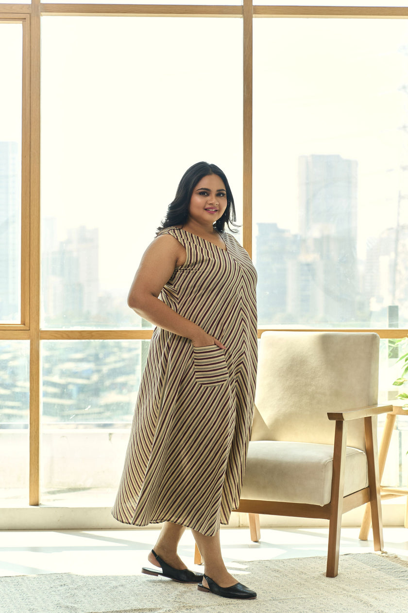 Trendy Striped A-line Cotton Mocha Maxi Dress with Pockets-2