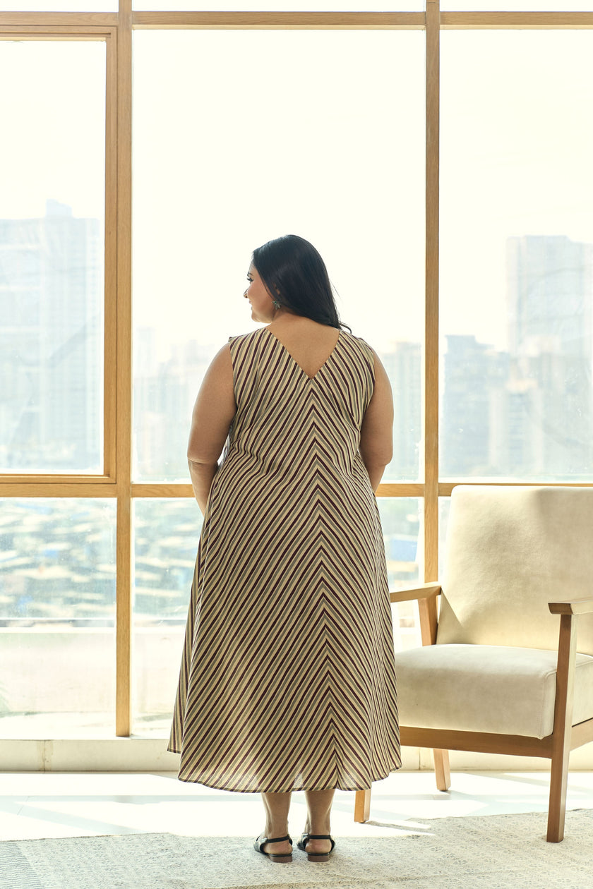 Trendy Striped A-line Cotton Mocha Maxi Dress with Pockets-3