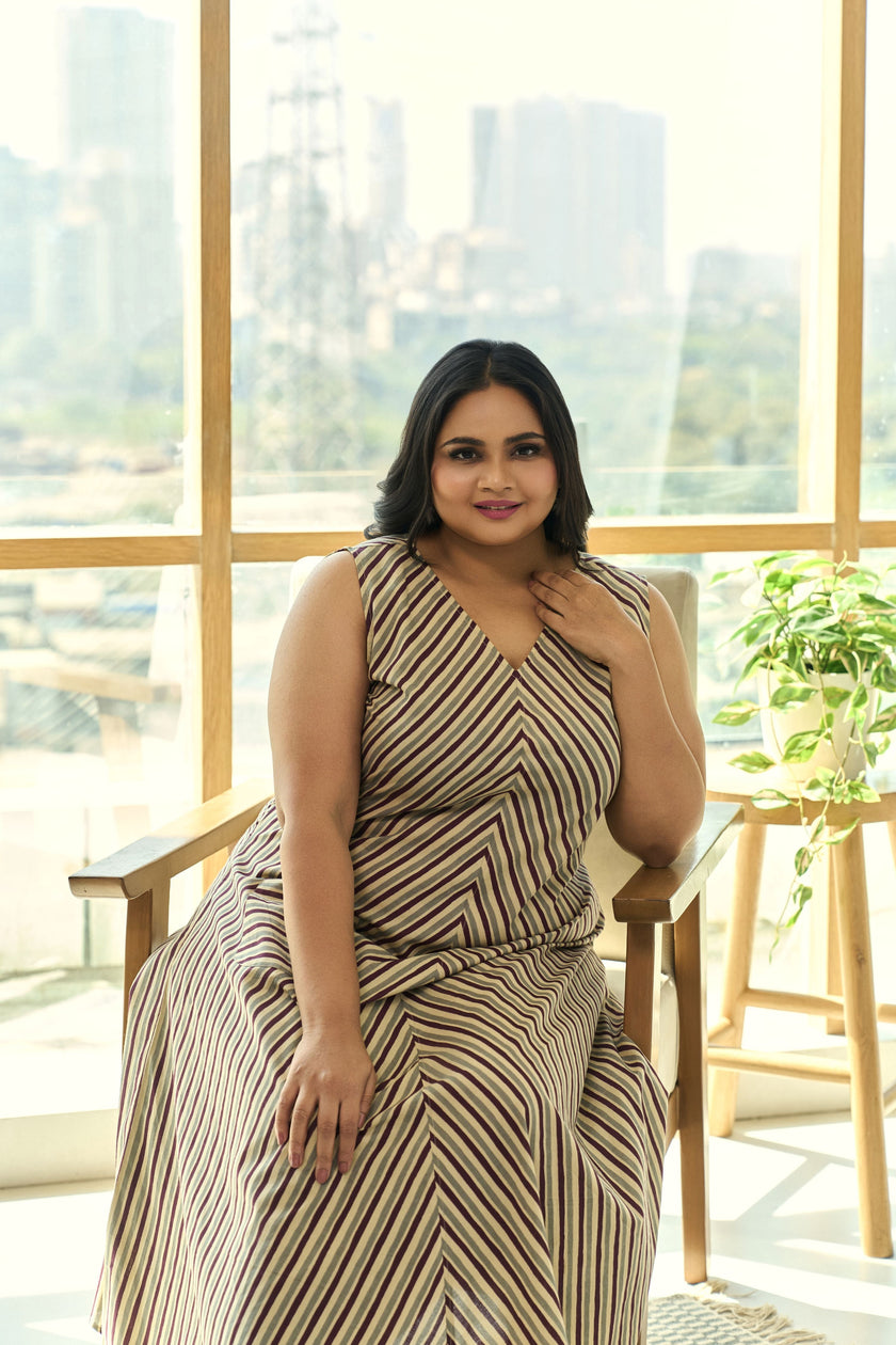 Trendy Striped A-line Cotton Mocha Maxi Dress with Pockets-0