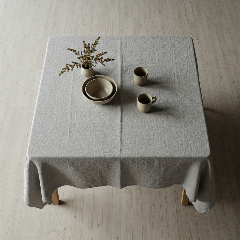 English Grey Linen Tablecloth - Organic Flax Textured Table Cover