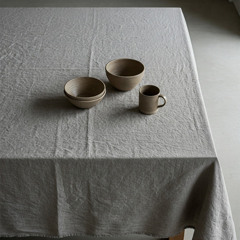 English Grey Linen Tablecloth - Organic Flax Textured Table Cover