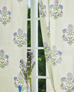 White & Purple Hand Block Printed Linen Curtains | Floral & Bird Design