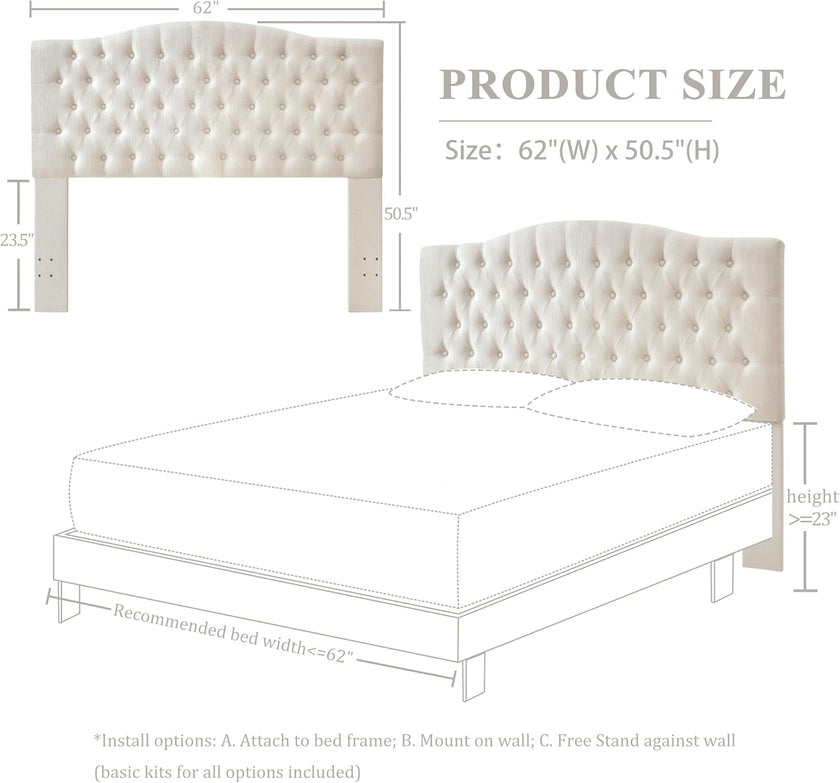 Tufted Linen Upholstered Headboard for Queen Full Beds-1