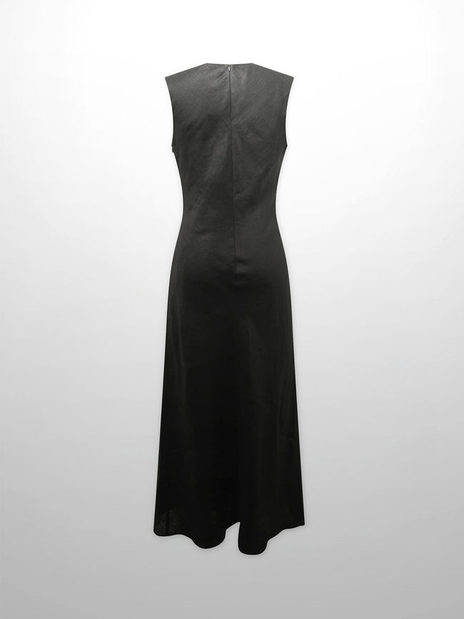 Linen A-Line Slip Dress-Black