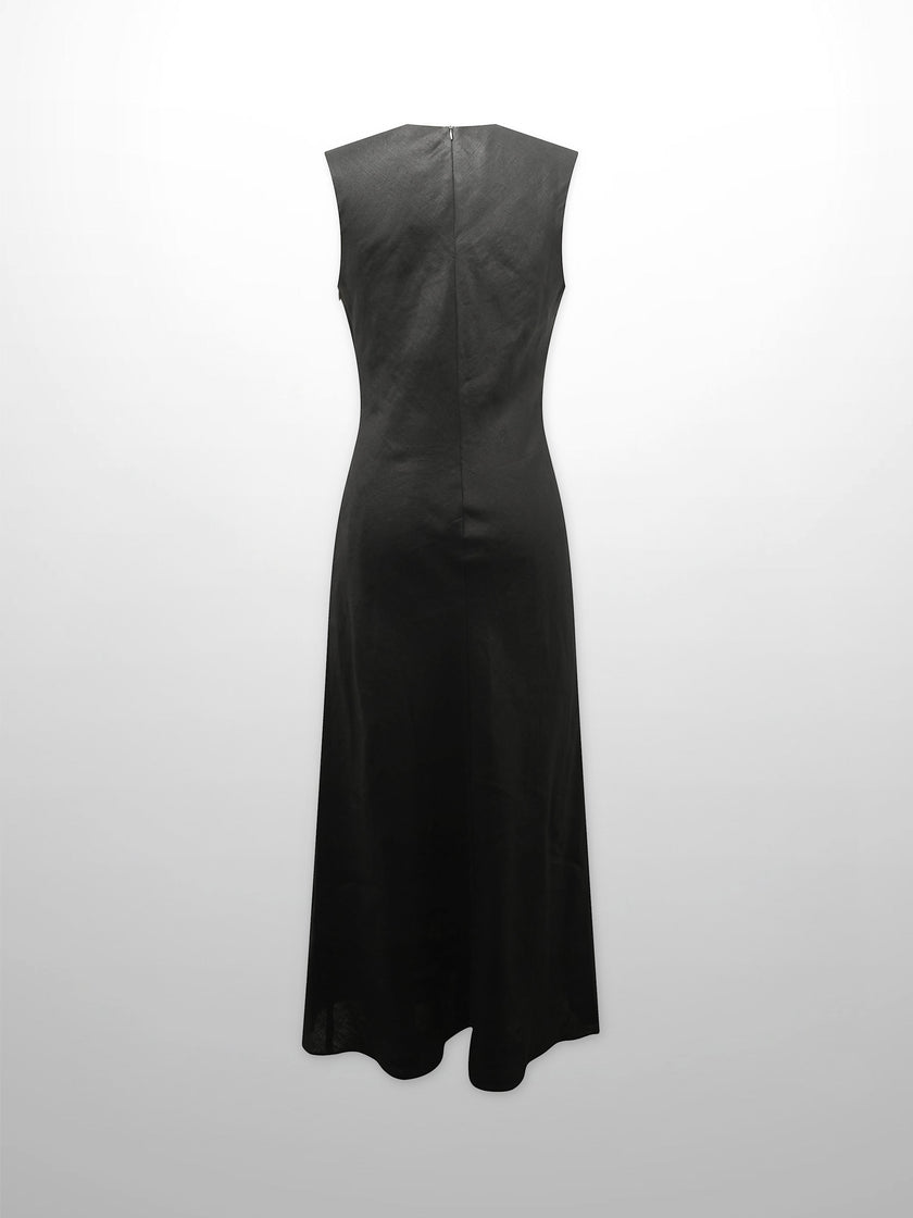 Linen A-Line Slip Dress-Black