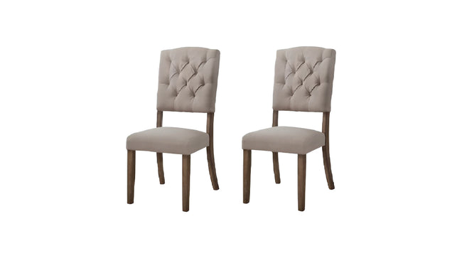Set of Two Tufted Cream and Brown Upholstered Linen Open Back Dining Side Chairs-1