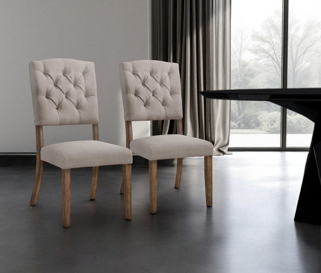 Set of Two Tufted Cream and Brown Upholstered Linen Open Back Dining Side Chairs-0