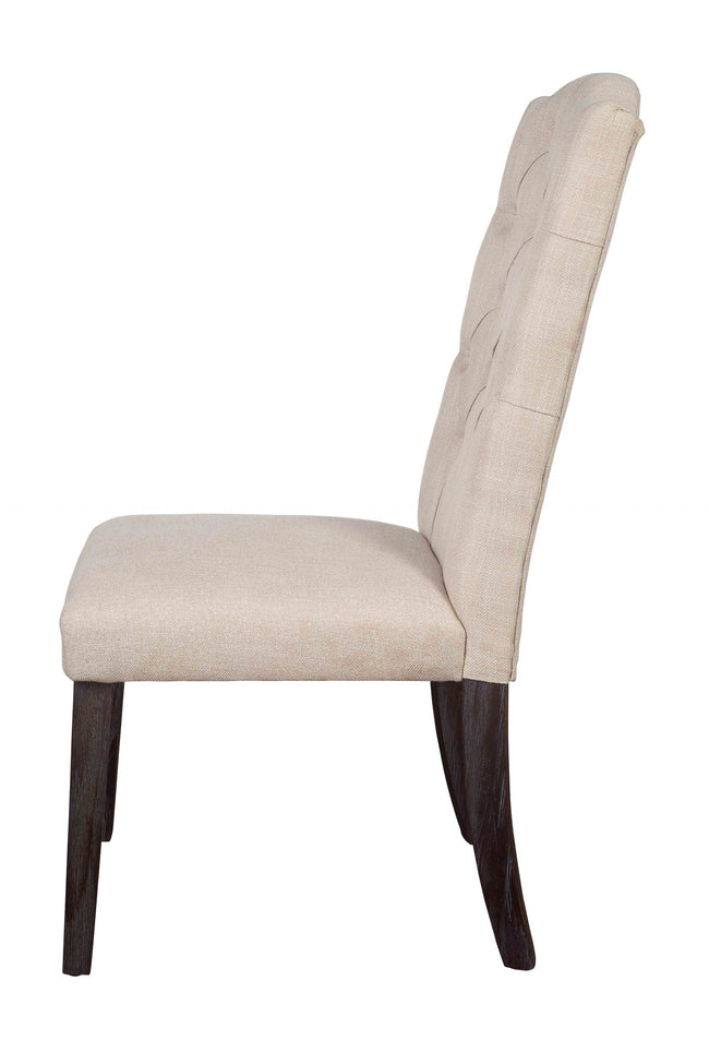 Set of Two Tufted Beige and Espresso Upholstered Linen Dining Side Chairs-0