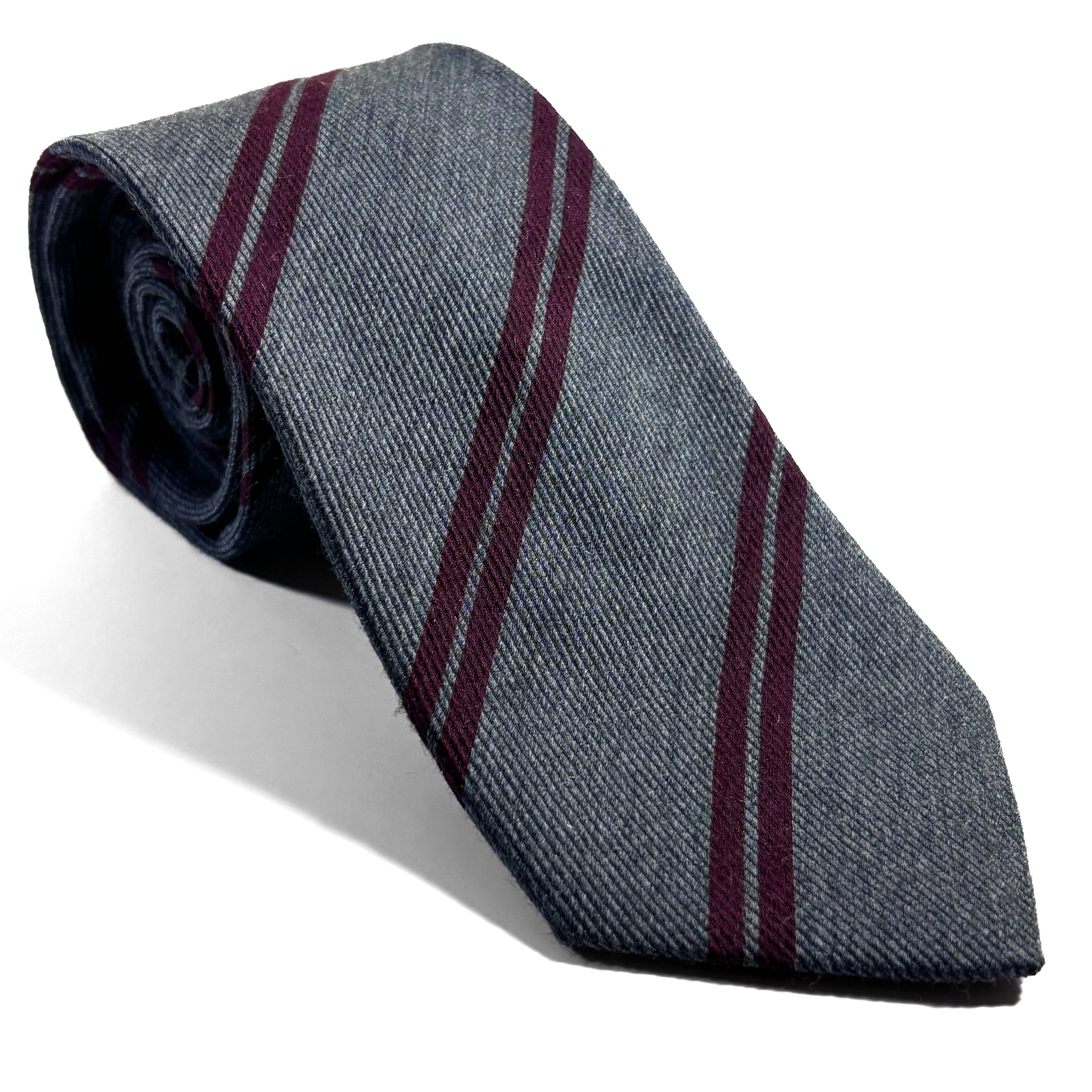 Gray & Burgundy Striped Wool Challis Tie-0