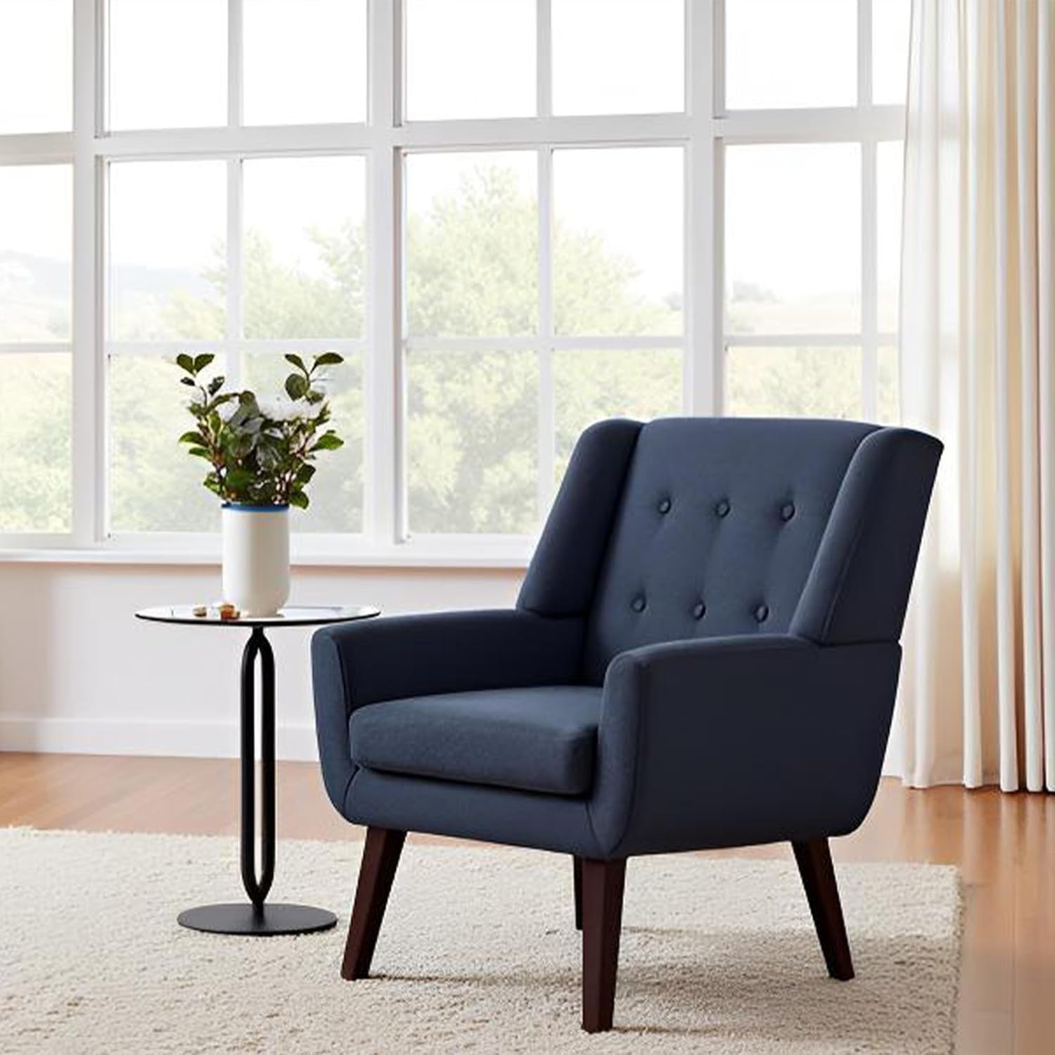 Dark Blue Upholstered Tufted Midcentury Linen Armchair-2