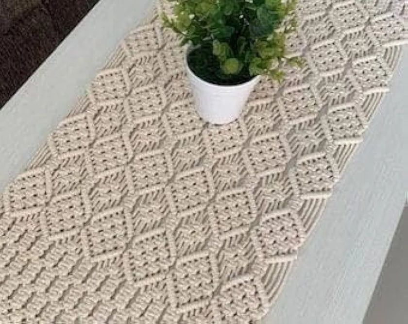 Handmade Cotton Macrame Table Runner | Natural Beige Diamond Pattern Boho Runner | 14x72