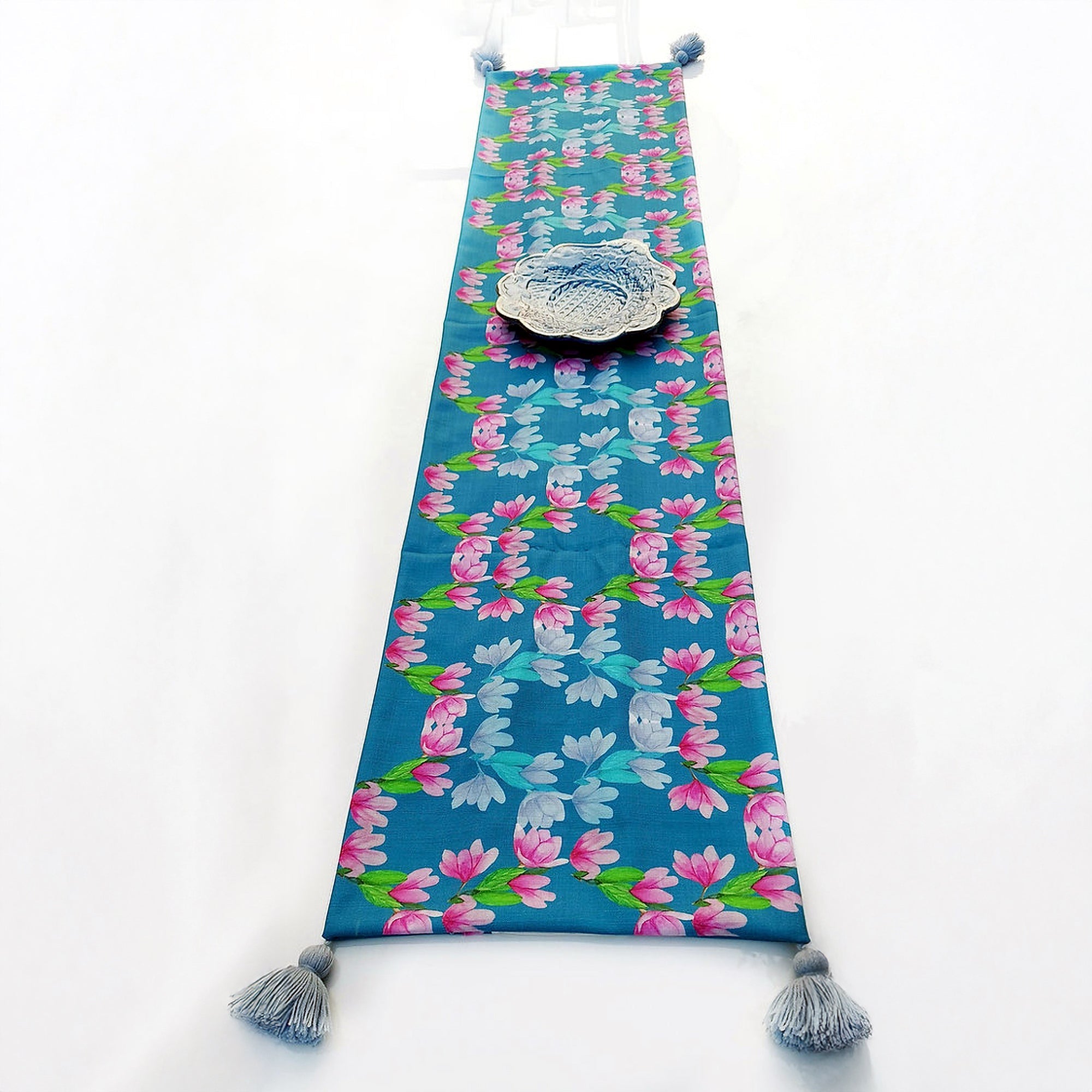 Teal Blue Floral Table Runner | Organic Linen | Tassel Trim | 92-305cm