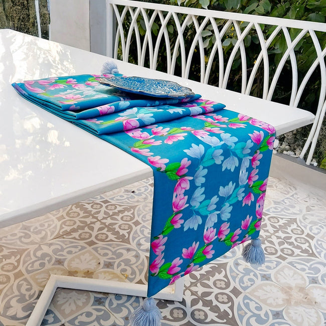 Teal Blue Floral Table Runner | Organic Linen | Tassel Trim | 92-305cm
