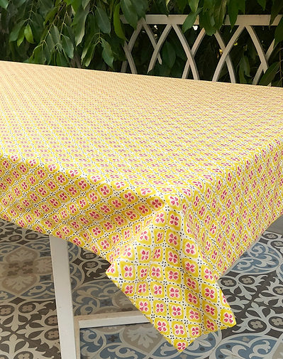Yellow Floral Print Tablecloth | GOTS Certified Organic Cotton | Various Sizes