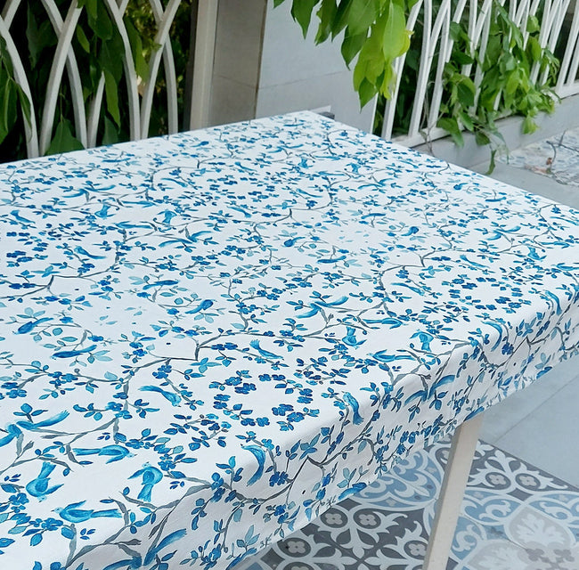 Blue Bird & Branch Print Tablecloth | GOTS Certified Organic Cotton | Various Sizes