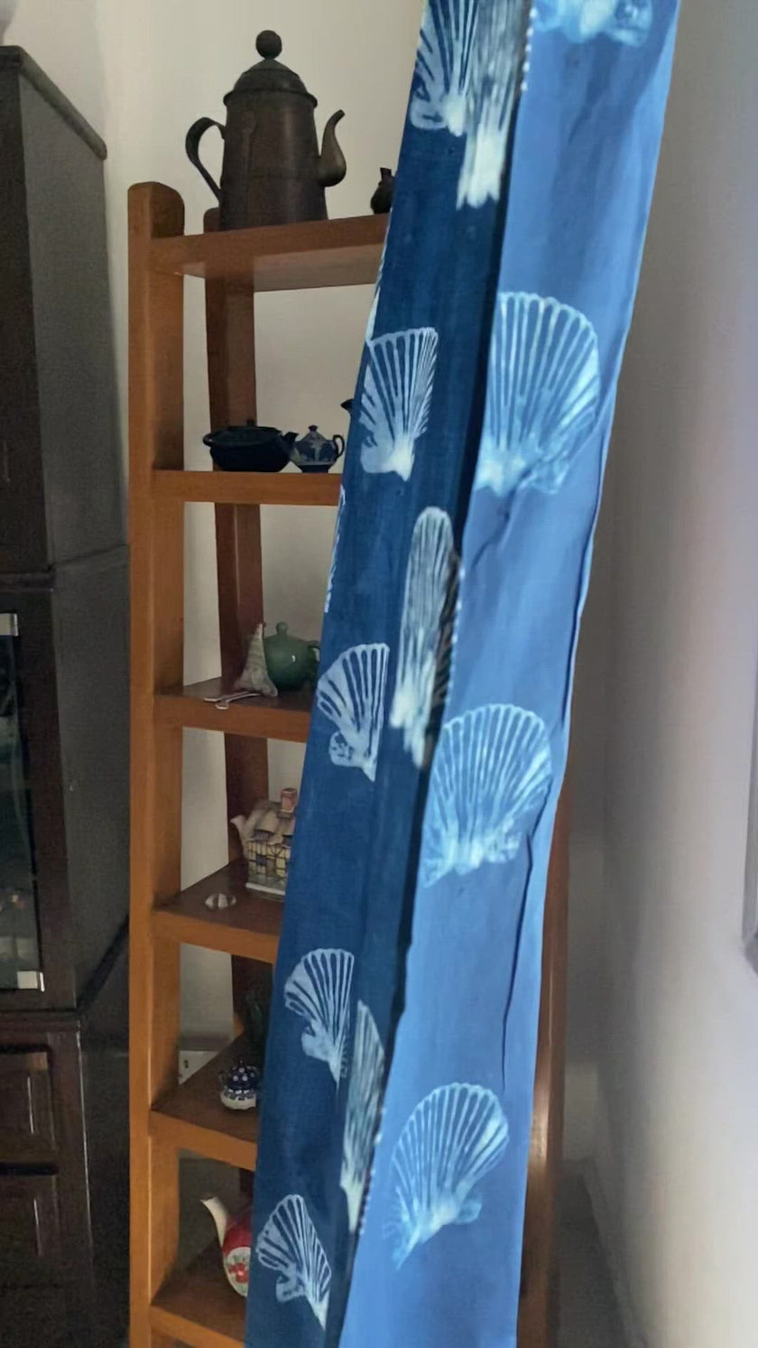 Indigo Hand Block Printed Linen Curtains | Seashell Pattern-2