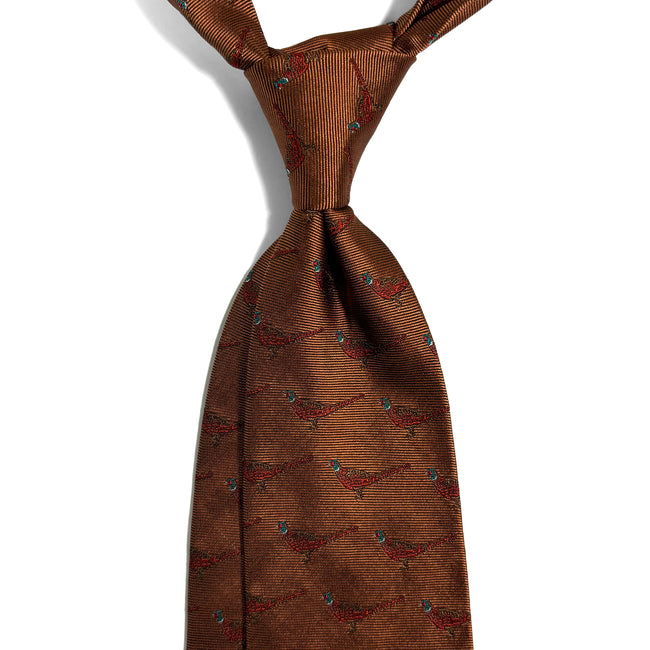 Brown Pheasant Motif Silk Jacquard Tie-1