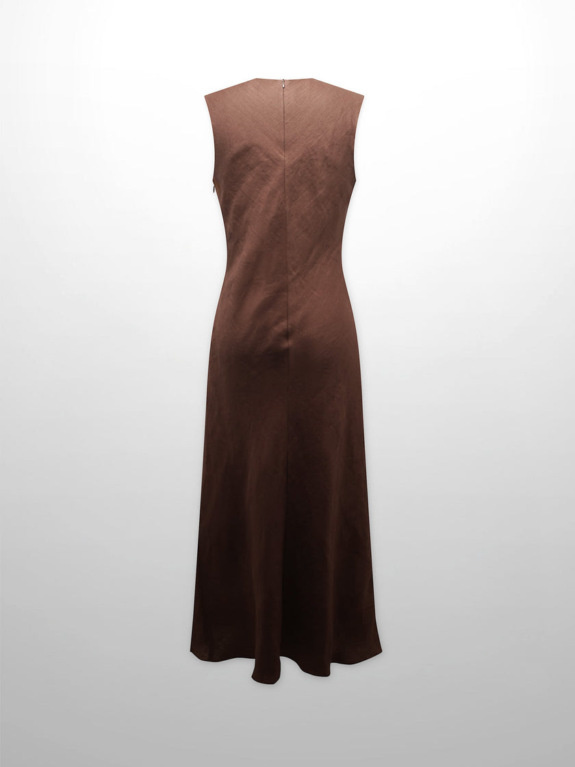 Linen A-Line Slip Dress-Brown