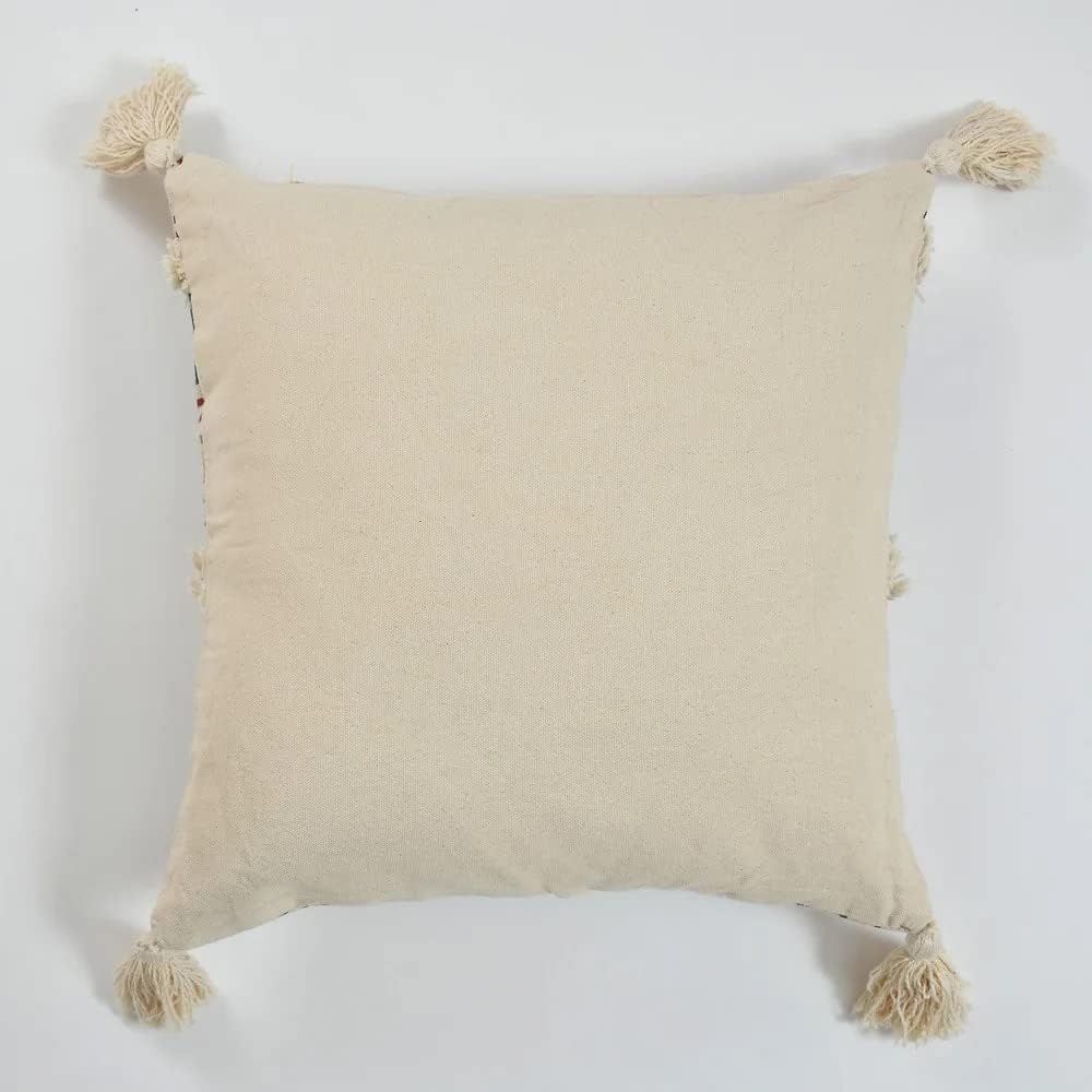 Bohemian Handmade Cotton Cushion Cover 45x45cm - Blue & Beige Geometric Pattern, Fringe & Tassels-3