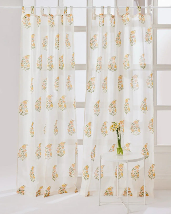 White & Yellow Hand Block Printed Linen Curtains | Floral Bouquet Design