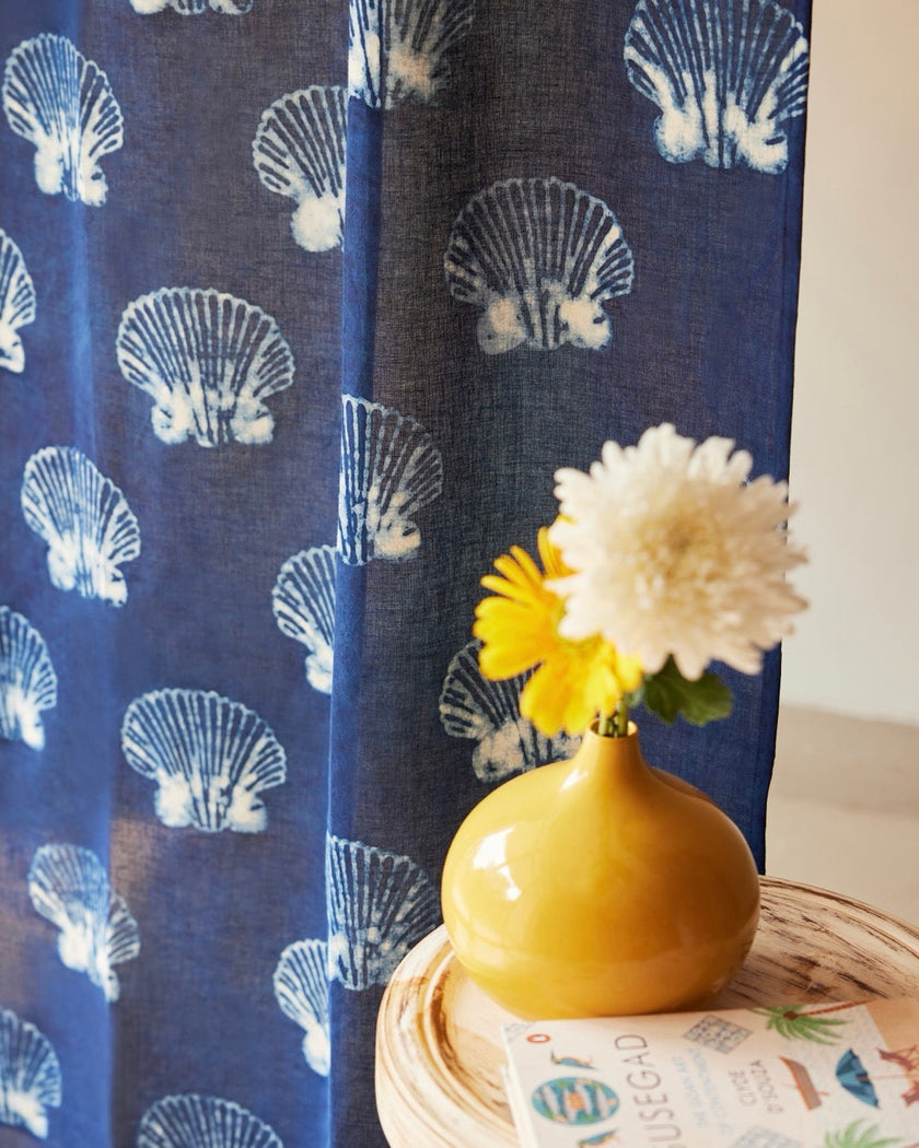 Indigo Hand Block Printed Linen Curtains | Seashell Pattern-1