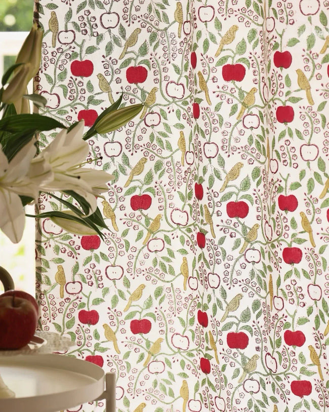 White & Red Hand Block Printed Linen Curtains | Apple & Bird Design